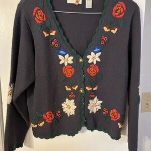 Vintage Women’s Size L Embroidered Black Wool-blend Cardigan